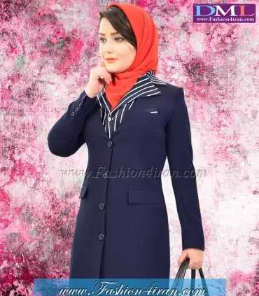 مانتو شلوار کرپ سرمه‌ای یقه راه راه کد 66