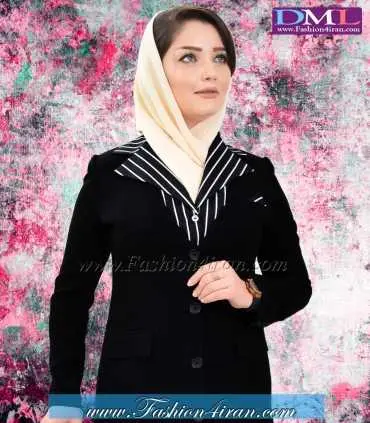 مانتو شلوار کرپ مشکی یقه راه راه کد 66