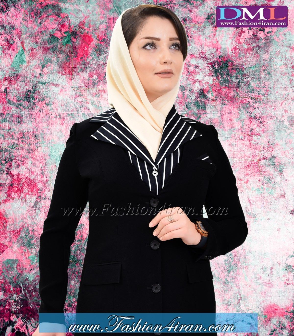 مانتو شلوار کرپ مشکی یقه راه راه کد 66