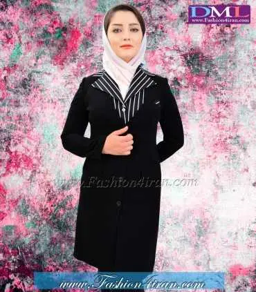 مانتو شلوار کرپ مشکی یقه راه راه