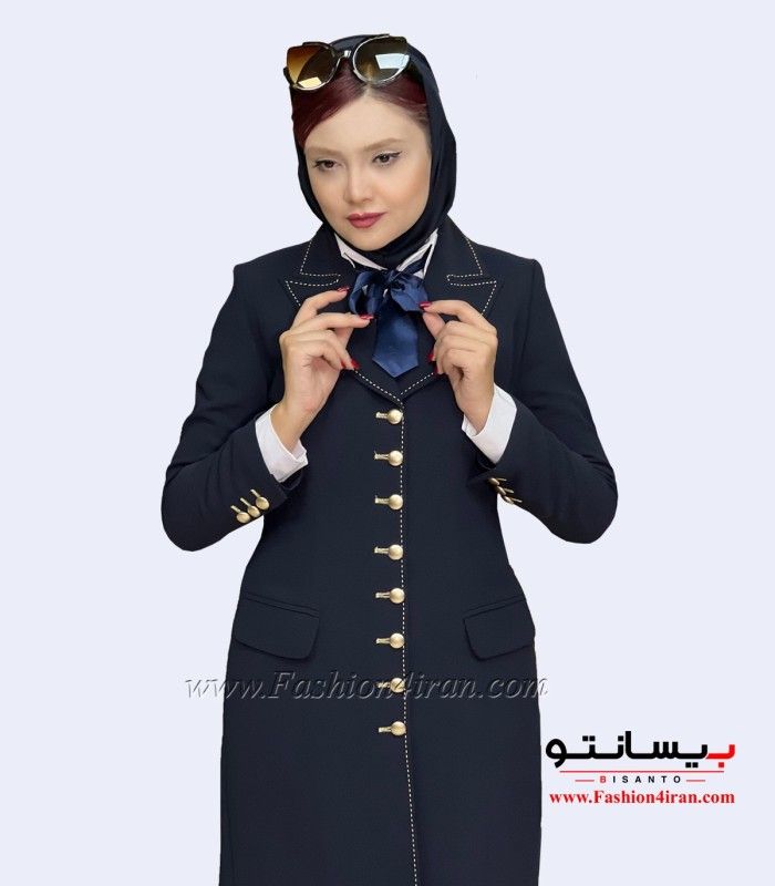 مانتو شلوار کرپ سرمه‌ای طلایی