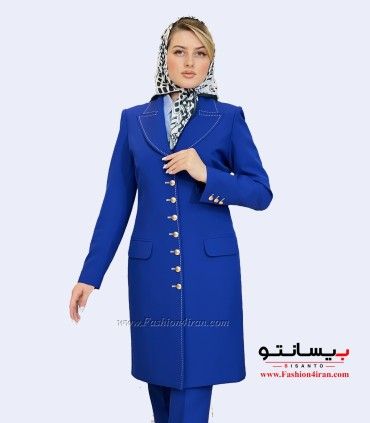 کت شلوار زنانه پارچه کرپ مازراتی آبی طلایی