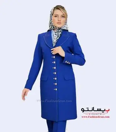 مانتو شلوار کرپ مازراتی آبی طلایی