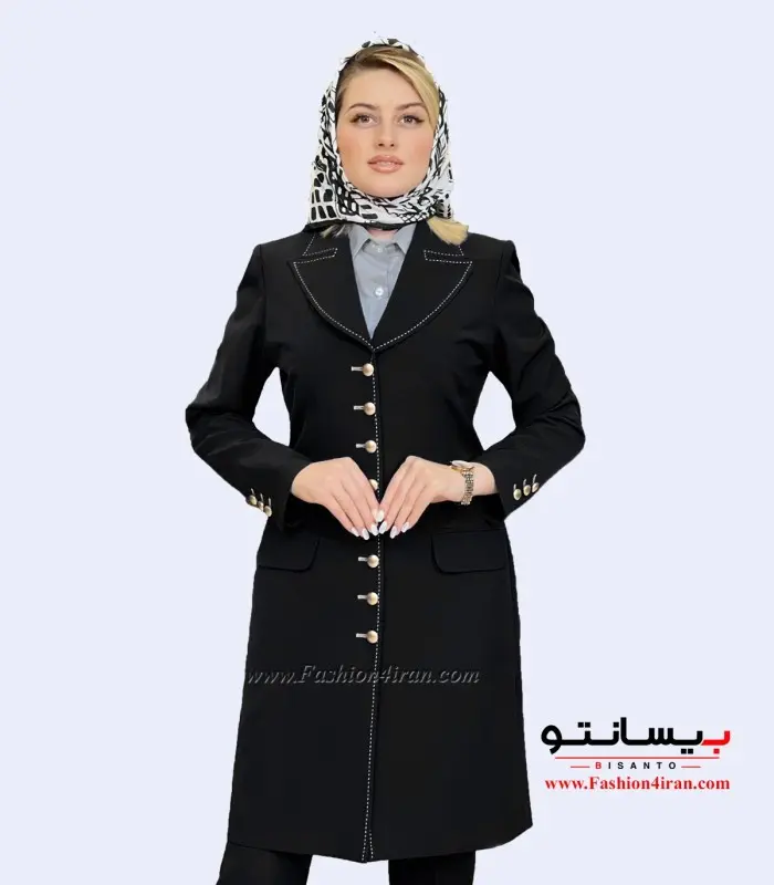مانتو شلوار زنانه پارچه کرپ مازراتی مشکی طلایی کد 119