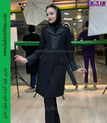 مانتو شلوار اداری فاستونی مشکی یقه نوک مدادی