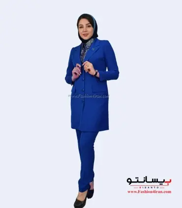 مانتو شلوار اداری پارچه کرپ مازراتی رنگ آبی کد 112