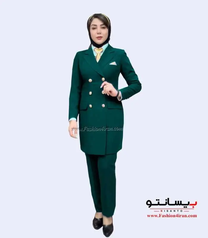 کت شلوار اداری کرپ سبز لجنی طلایی