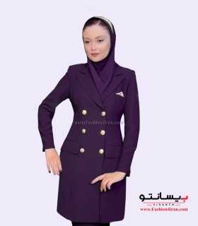 کت زنانه با شلوار کرپ بادمجانی طلایی کد 54