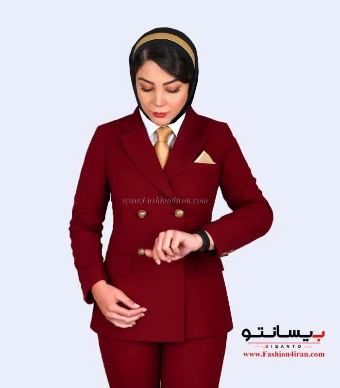 کت شلوار اداری زنانه کرپ زرشکی طلایی کد 54