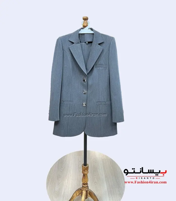 کت شلوار فاستونی طوسی کد 105 دکمه نقرهای