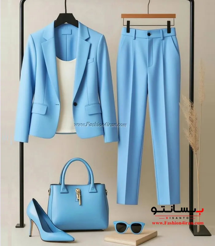 کت و شلوار زنانه آبی روشن پارچخ کرپ مازراتی کد 500