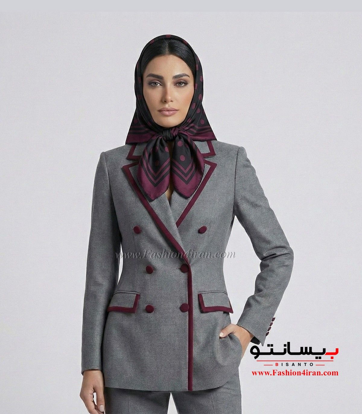 کت‌وشلوار فاستونی ترک طوسی با خرجیکار زرشکی کد 501