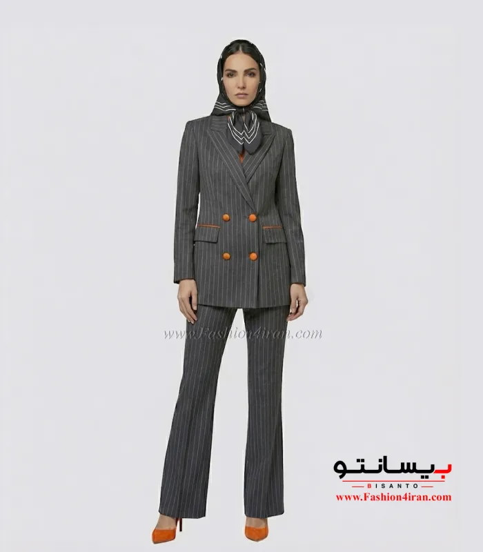 کت‌ شلوار زنانه نوک مدادی دیپلمات ترک با خرجیکار نارنجی