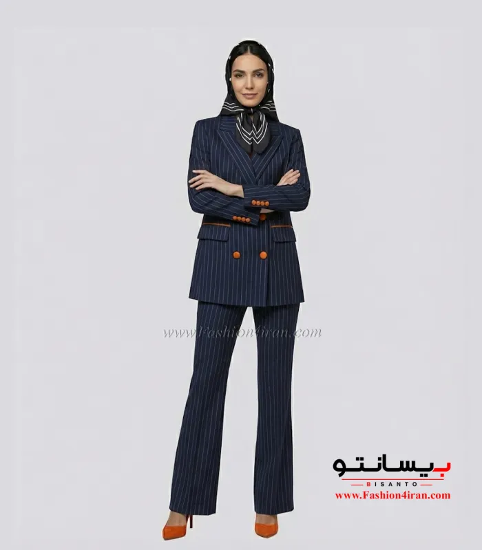 کت‌ شلوار زنانه سرمه ای دیپلمات ترک با خرجیکار نارنجی