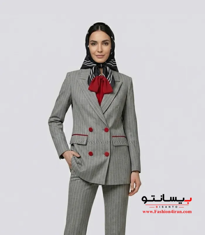 کت‌ شلوار زنانه پارچه دیپلمات ترک طوسی با خرجیکار نارنجی کد 501