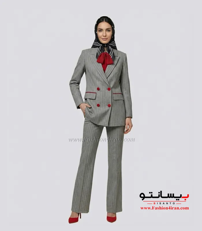 کت‌ شلوار زنانه فاستونی دیپلمات ترک رنگ طوسی با خرجیکار نارنجی