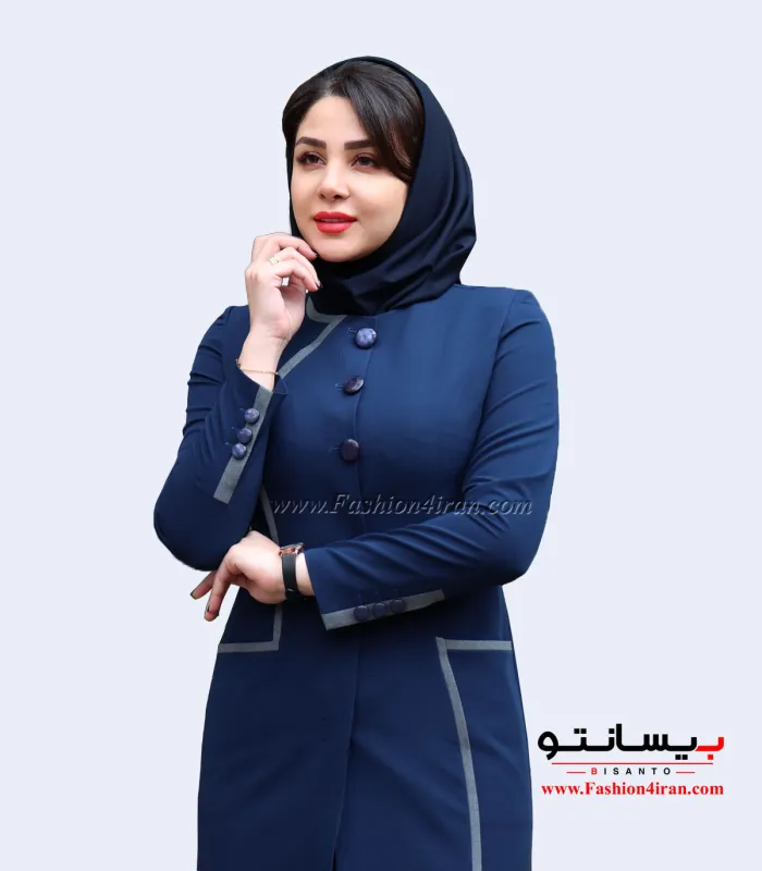 مانتو شلوار فاستونی سرمه ای روشن خرجیکار طوسی کد 51