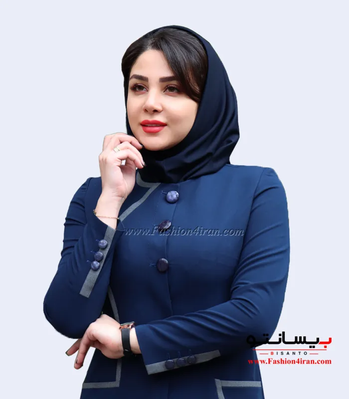 مانتو شلوار اداری فاستونی سرمه ای روشن خرجیکار طوسی کد 51