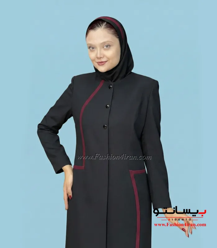 مانتو شلوار فاستونی مشکی خرجیکار زرشکی کد 51