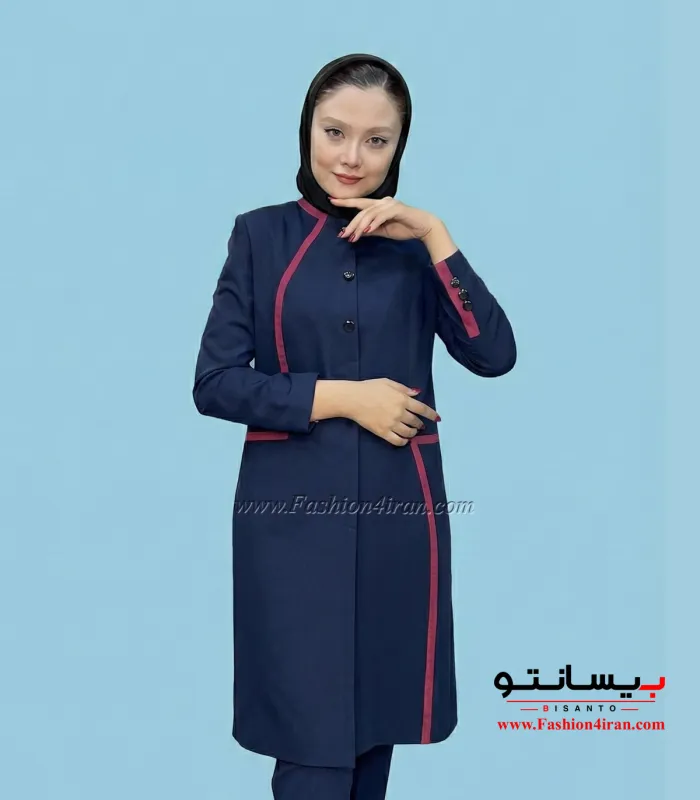 مانتو شلوار اداری با پارچه فاستونی خرجیکار سرخ آبی