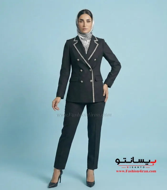 کت‌ زنانه با شلوار فاستونی ترک مشکی با خرجیکار طوسی کد 501
