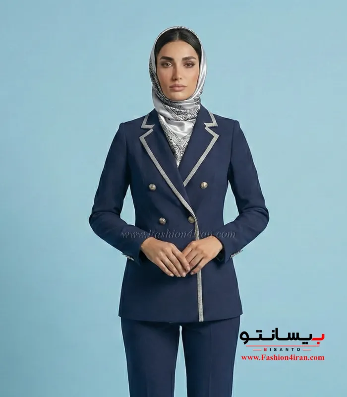 کت‌ شلوار زنانه رسمی با پارچه فاستونی ترک با خرجیکار طوسی