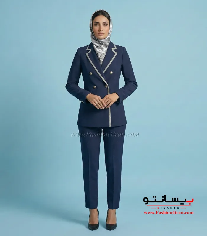 کت‌ شلوار زنانه فاستونی ترک سرمه ای با خرجیکار طوسی کد 501