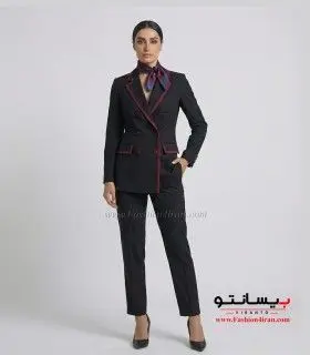 کت‌ زنانه مشکی با شلوار فاستونی ترک با خرجیکار زرشکی
