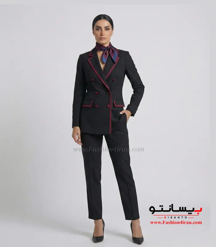 کت‌ زنانه مشکی با شلوار فاستونی ترک با خرجیکار زرشکی