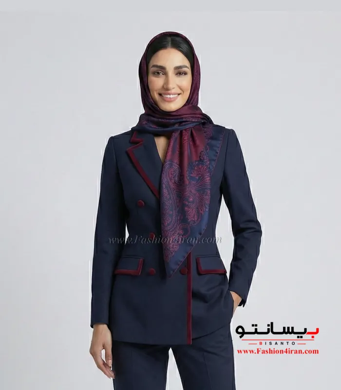 کت‌وشلوار سرمه ای فاستونی ترک با خرجیکار زرشکی کد 501