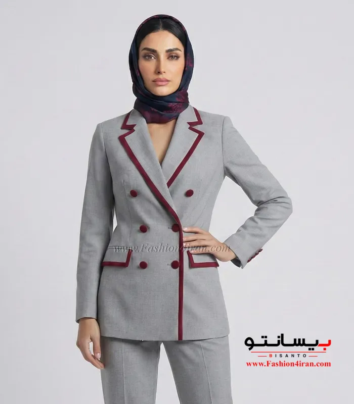 کت‌وشلوار فاستونی ترک طوسی روشن با خرجیکار زرشکی کد 501