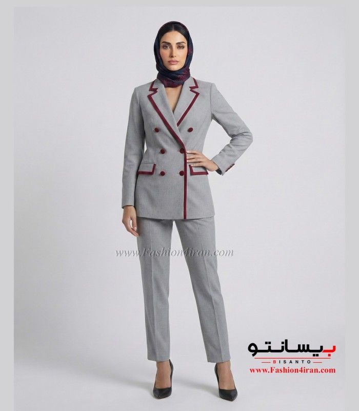 کت‌وشلوار رسمی طوسی روشن فاستونی ترک با خرجیکار زرشکی کد 501