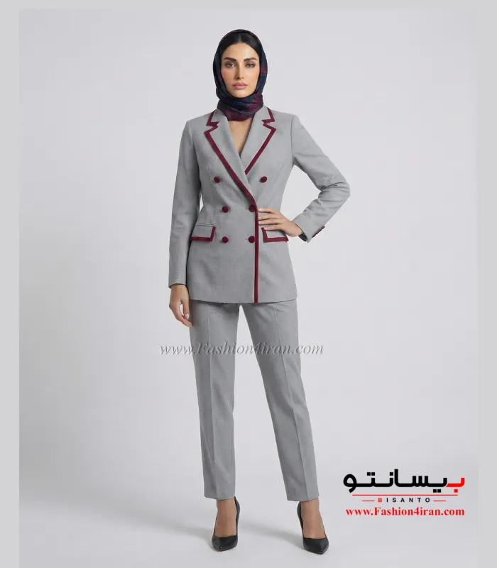 کت‌وشلوار رسمی طوسی روشن فاستونی ترک با خرجیکار زرشکی کد 501