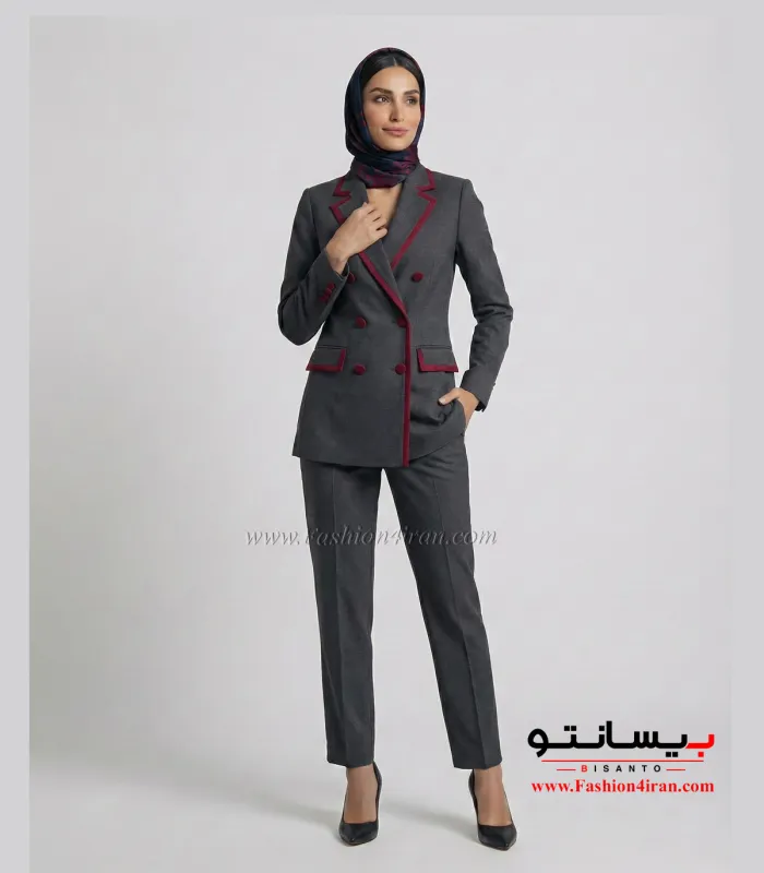 کت‌ زنانه نوک مدادی با شلوار فاستونی ترک با خرجیکار زرشکی کد 501