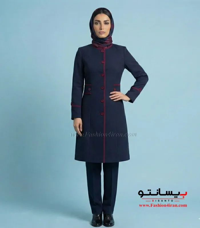 مانتو شلوار فاستونی ترک سرمه ای با خرجیکار زرشکی