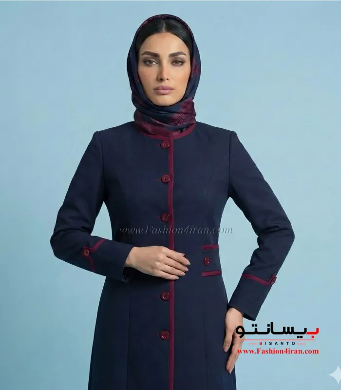 مانتو شلوار اداری فاستونی ترک سرمه ای با خرجیکار زرشکی کد 69