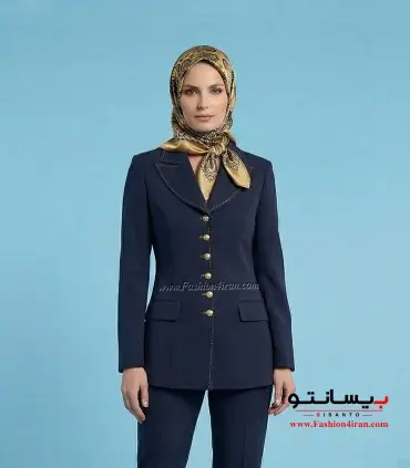 کت شلوار فاستونی سرمه ای تیره خرجیکار طلایی