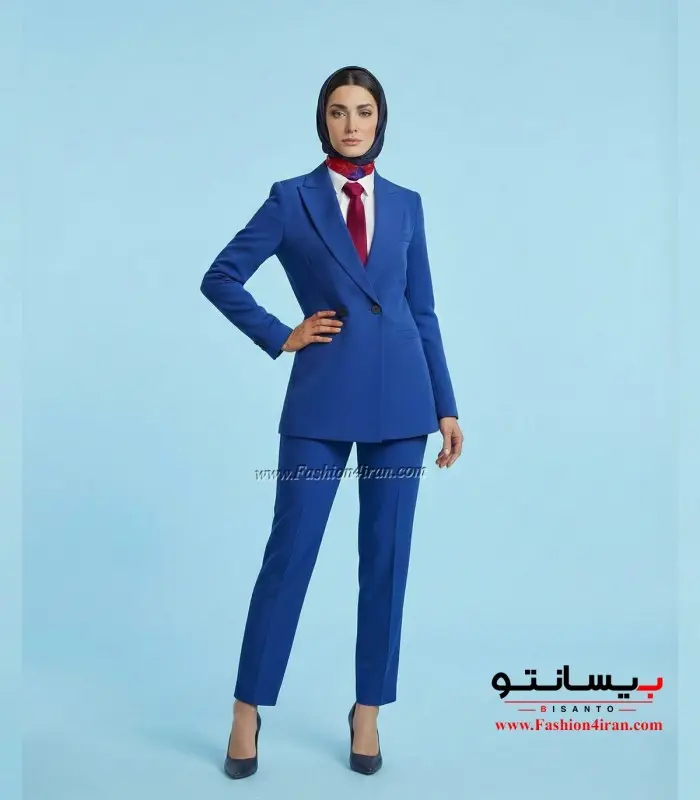 کت زنانه با شلوار رنگ آبی پارچه کرپ کره‌ای کد 59