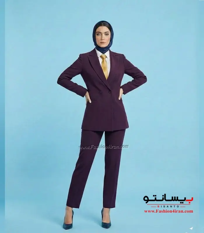 کت زنانه با شلوار رنگ بادمجانی پارچه کرپ کره‌ای کد 59