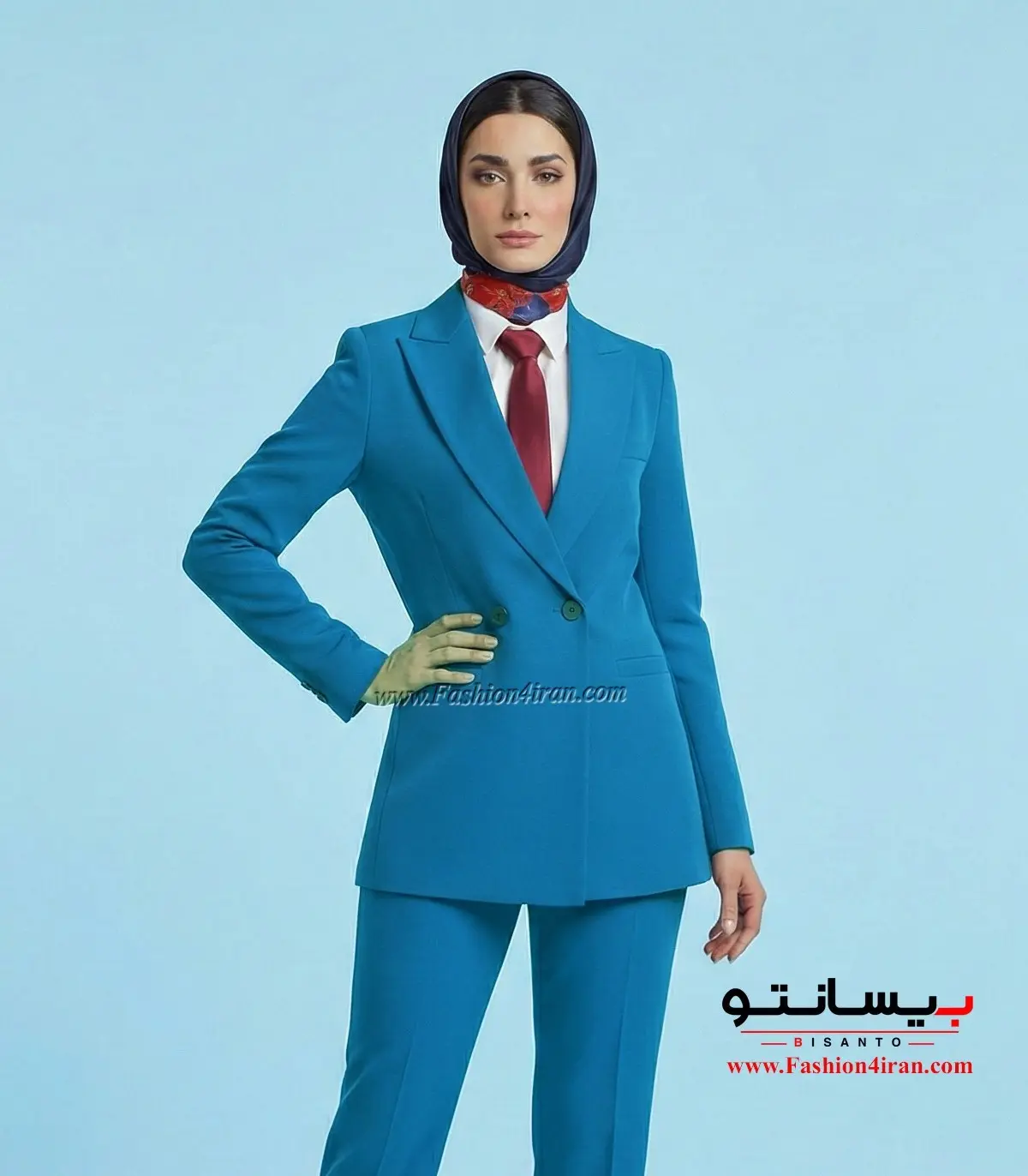 کت زنانه با شلوار رنگ فیروزه ای کرپ کره‌ای کد 59