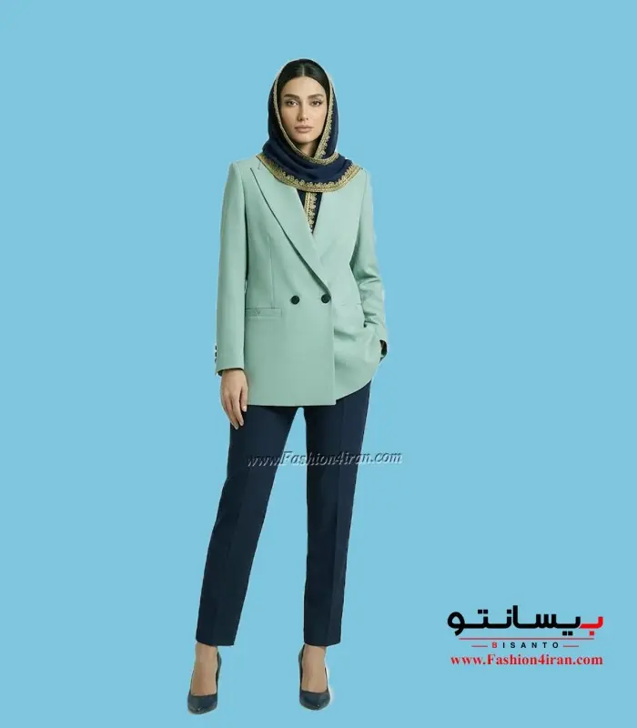 کت زنانه با شلوار زنانه پارچه کرپ رنگ سبز پاستیلی کد 59