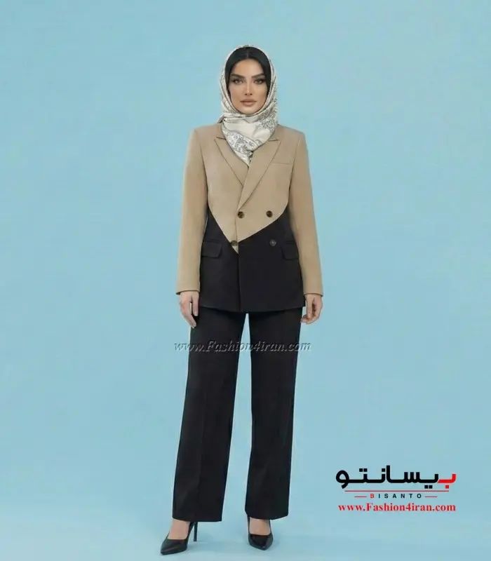 کت شلوار زنانه فاستونی رنگ کرم مشکی کد 506