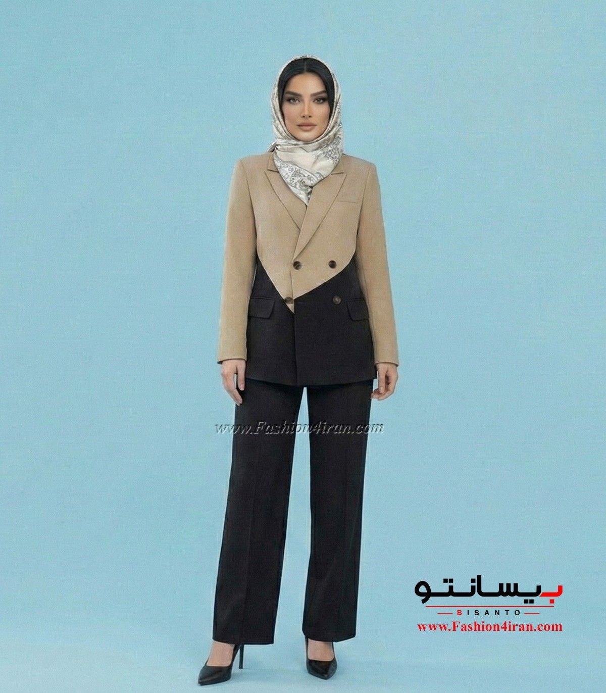 کت شلوار زنانه فاستونی رنگ کرم مشکی کد 506