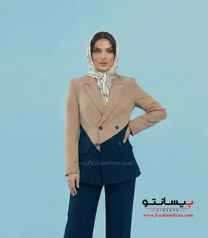 کت شلوار زنانه فاستونی کرم سرمه‌ای تیره کد 506
