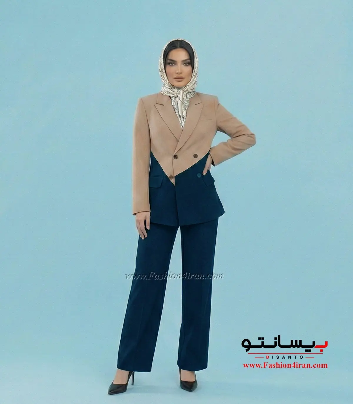 کت زنانه با شلوار زنانه فاستونی کرم سرمه‌ای تیره کد 506