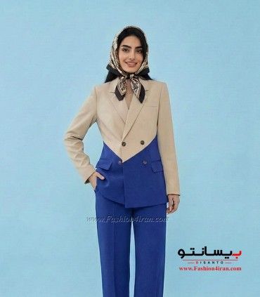 کت شلوار زنانه مازراتی کرم آبی کد 506