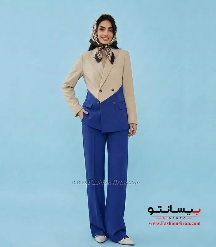 کت شلوار زنانه مازراتی آبی کرم کد 506