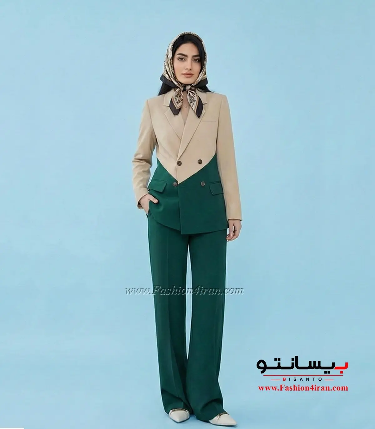کت شلوار کرم با شلوار مشکی زنانه مازراتی کد 506