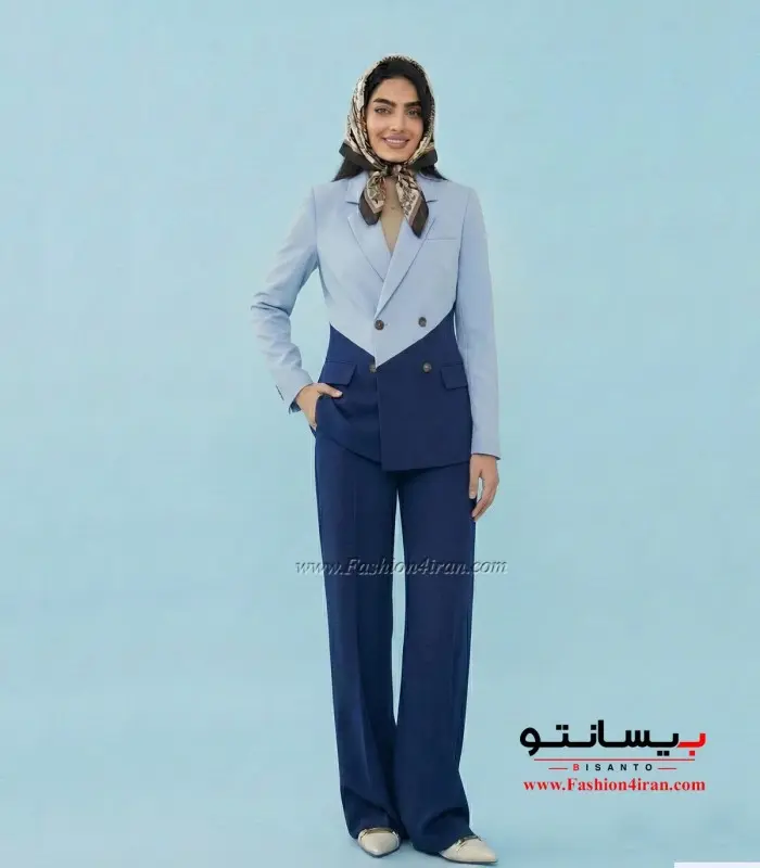 کت پارچه مازراتی آبی پاستیلی شلوار سرمه ای