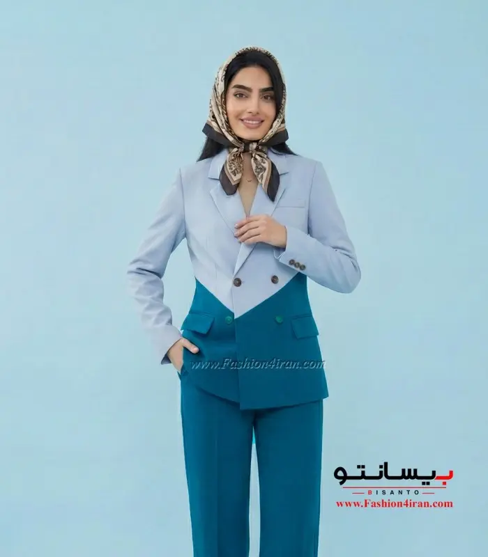 کت زنانه رنگ آبی پاستیلی با شلوار کله غازی